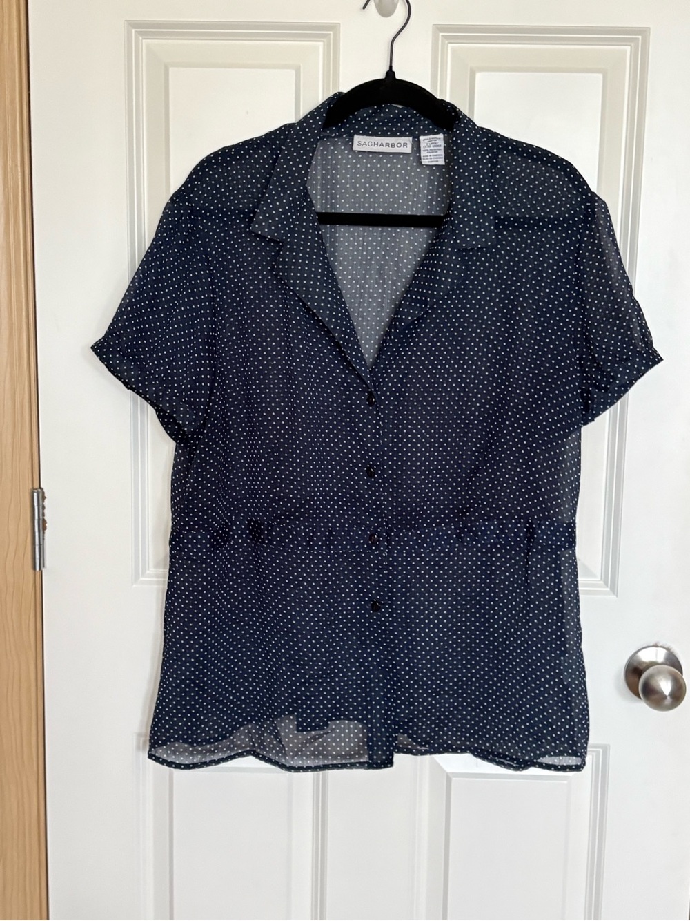 Sag Harbor Navy White Polka Dot Short Sleeve Button-Down Shirt